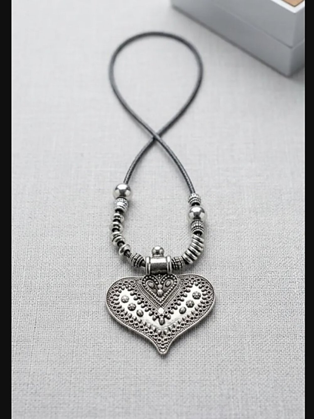 Bohemian Burnished Silver Heart Pendant on Adjustable Black Cord Necklace